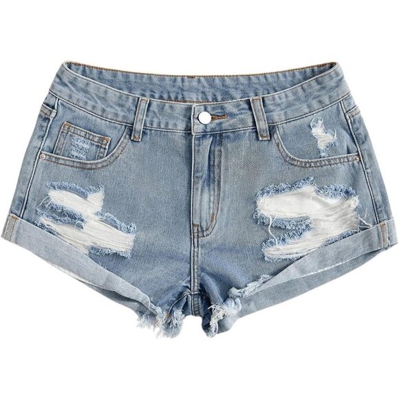 Pants - Women's Ripped Mini Jean Shorts Distressed Roll Hem Low Rise Y2K Style